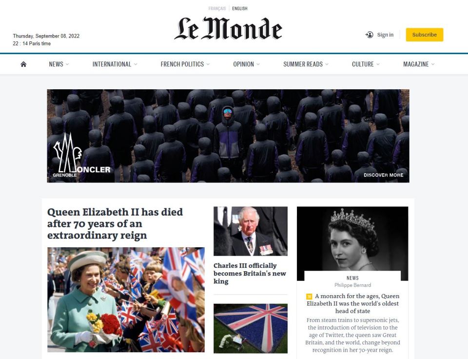 French paper Le Monde described her 70 year reign as 'extraordinary'