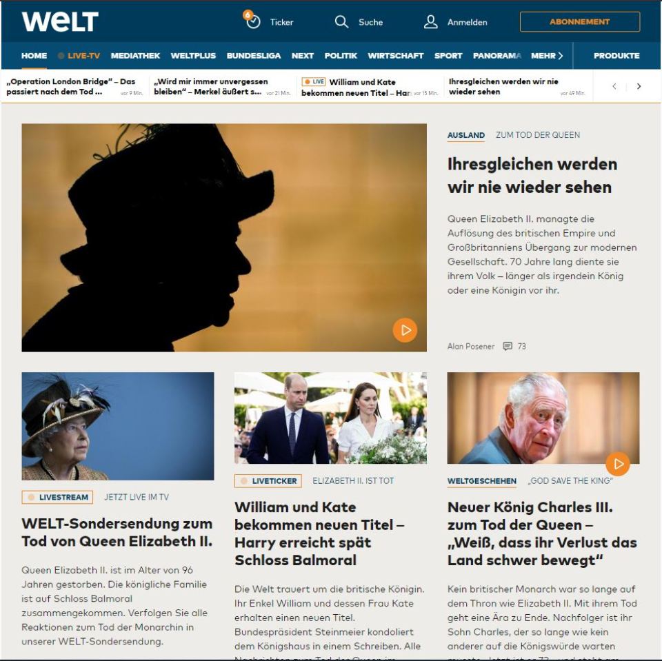 German site Die Welt said the Queen's death marked the 'end of an era'