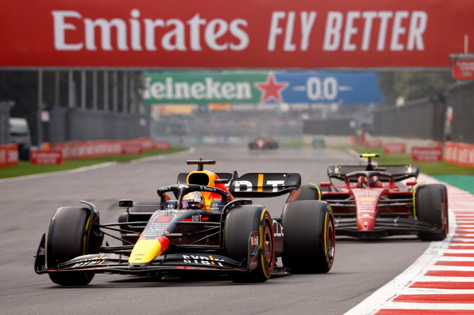 World champ Max Verstappen heads Carlos Sainz on the way to victory