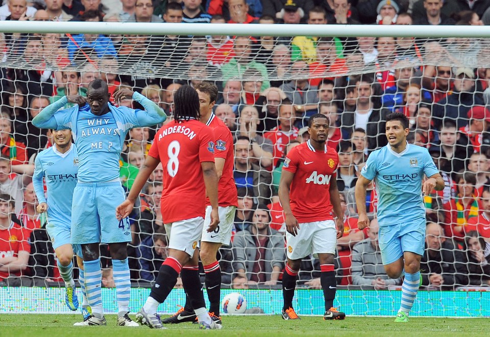 Mario Balotelli scored twice in the Manchester derby at Old Trafford in October 2011