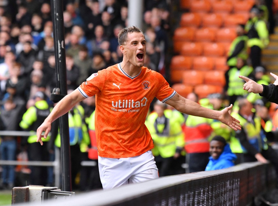 Blackpool's Jerry Yates celebrates his second goal against Preston