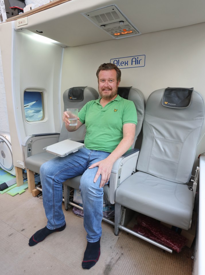 Alex Shakespeare, 44, has assembled an airline cabin inside his conservatory