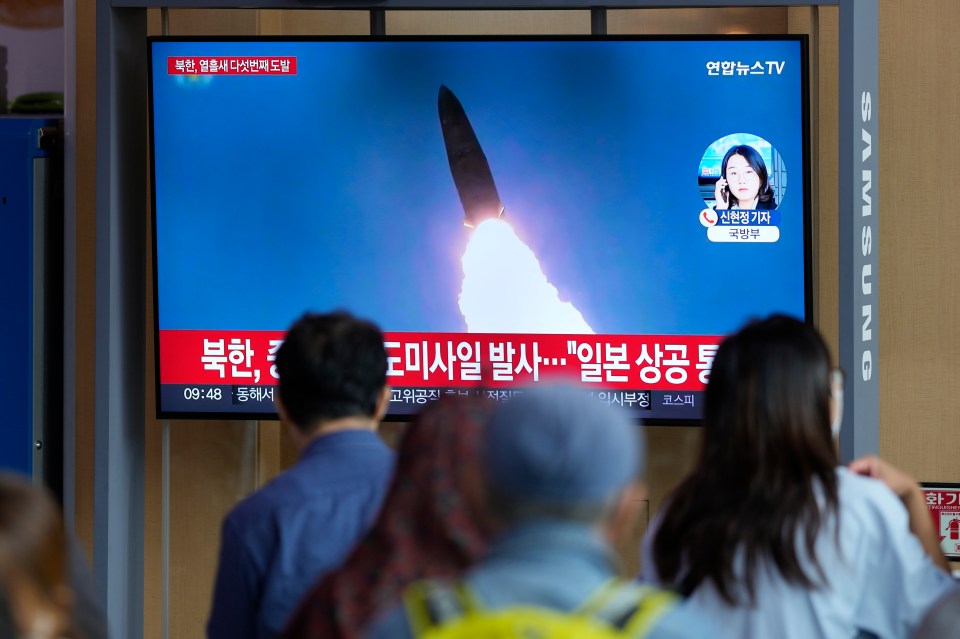 One of the rockets fired this week shown on TV in Seoul, South Korea