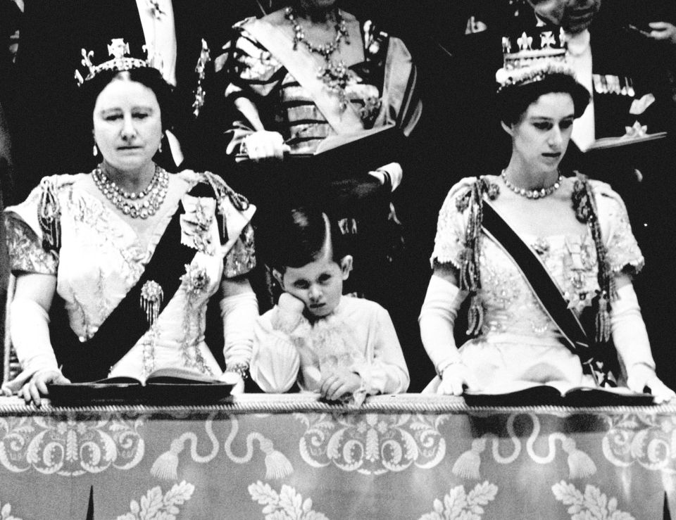 Charles with the Queen Mother and Princess Margaret at the Queen's coronation