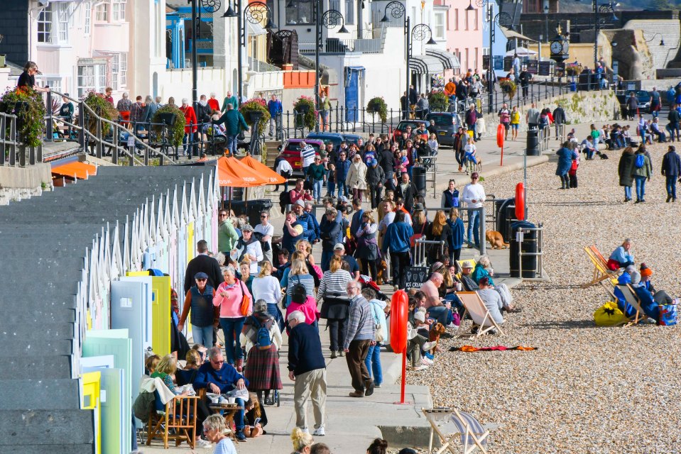 Crowds made the most of the fine weather at the seafront in Lyme Regis