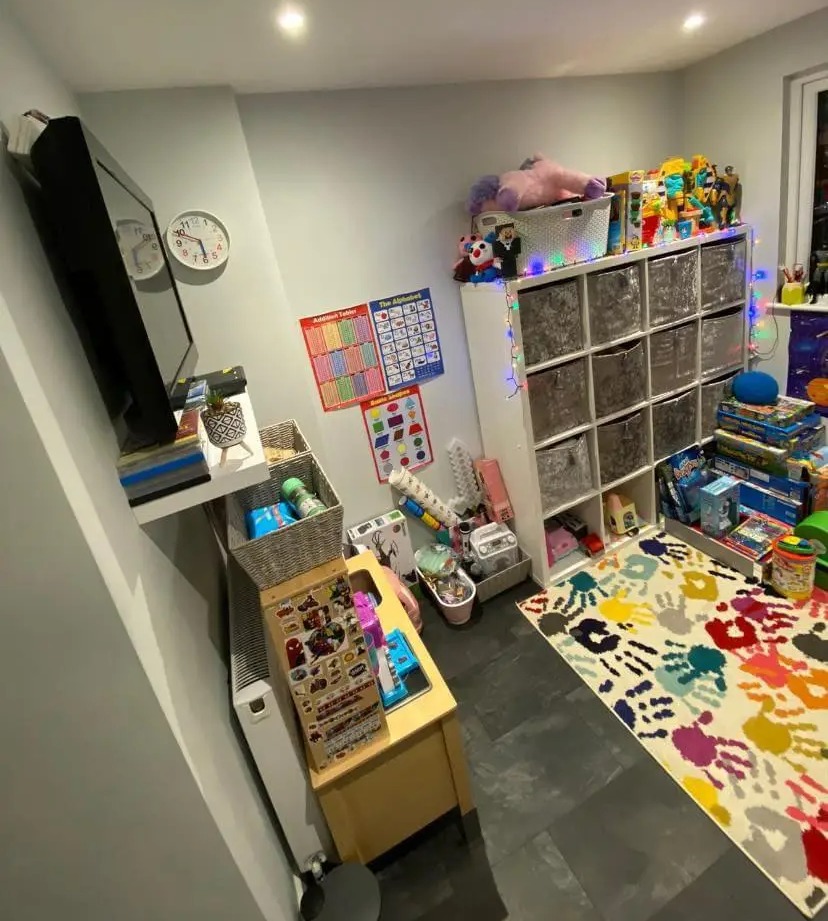 Carly Sulaj, 35, who is from Kent, decided to re-purpose her kids’ old playroom into a ‘mum cave’. Pictured, before