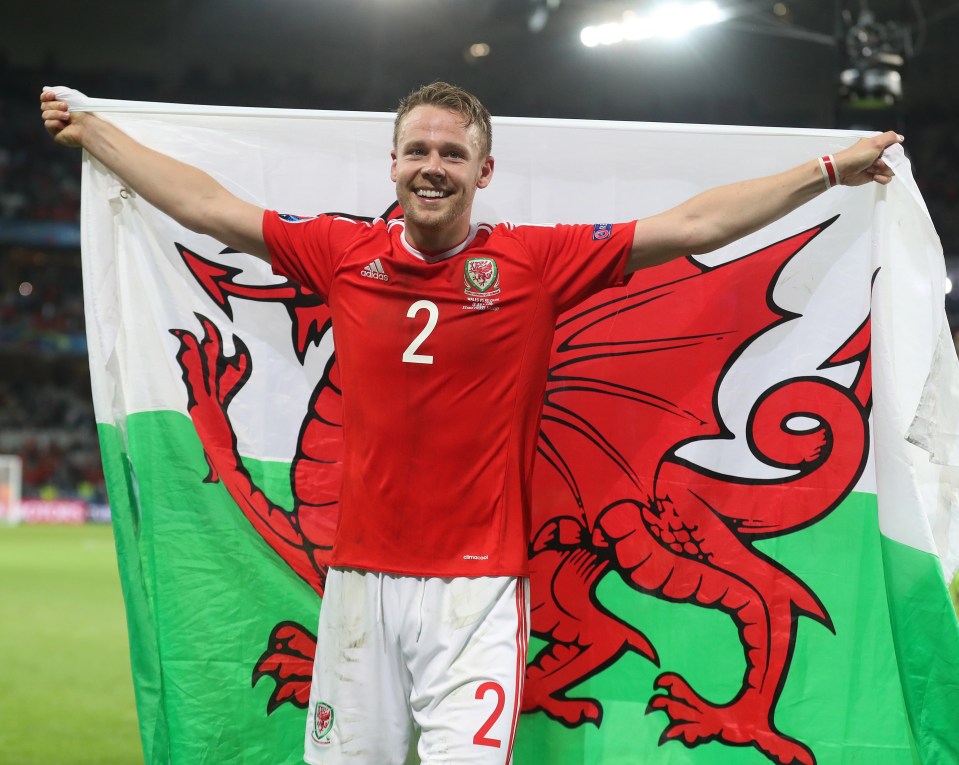 Chris Gunter celebrates Wales beating Belgium in Euro 2016 to reach the semi-final