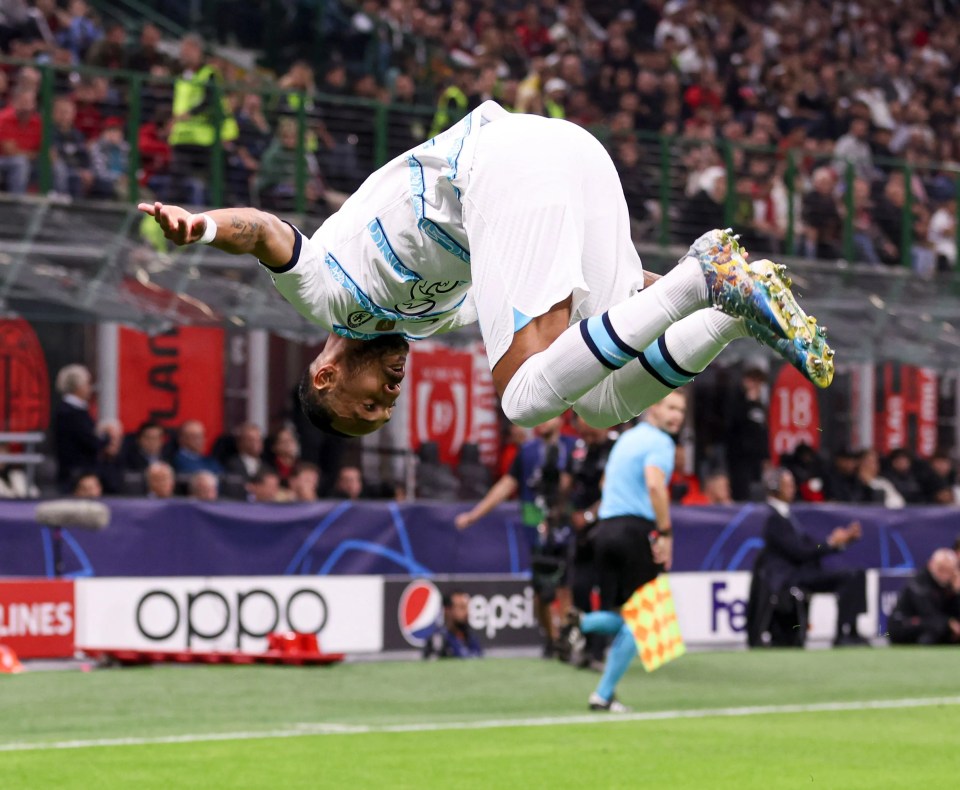 Aubameyang, 33, celebrates his goal against Milan