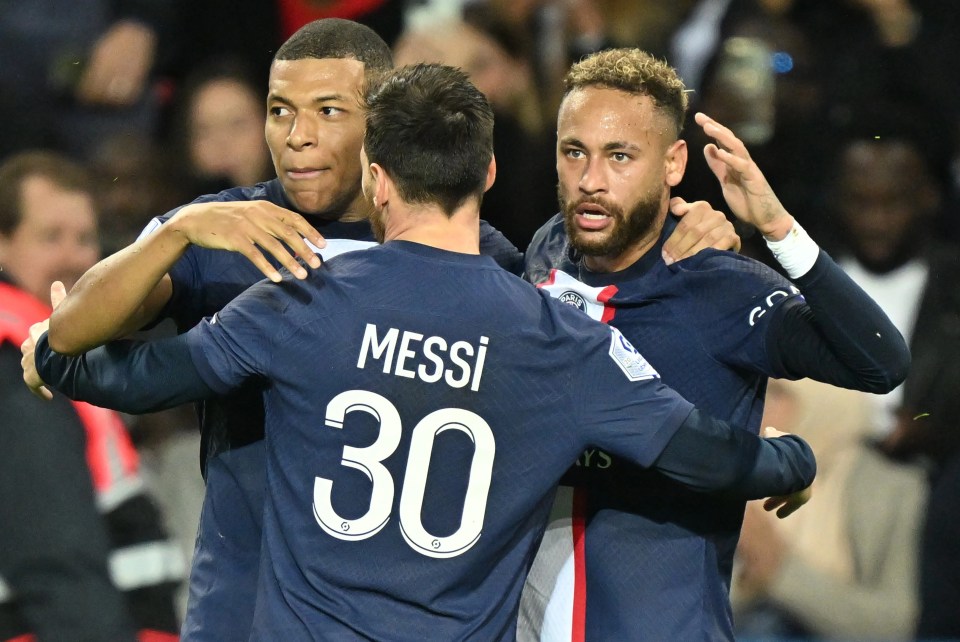 Kylian Mbappe and Lionel Messi help Neymar celebrate his PSG winner