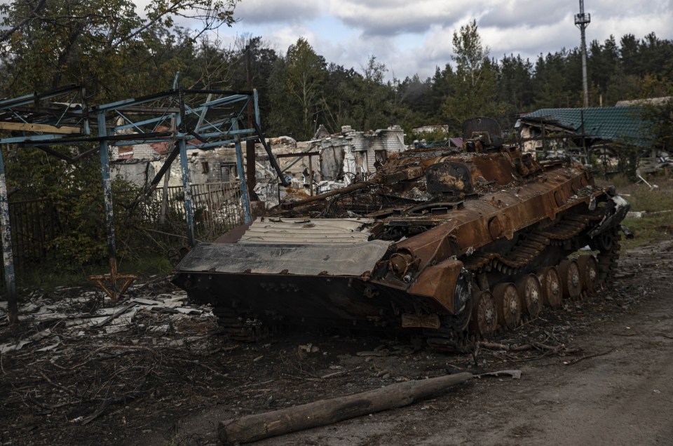 A Russian tanks destroyed in fighting in the Donetsk region