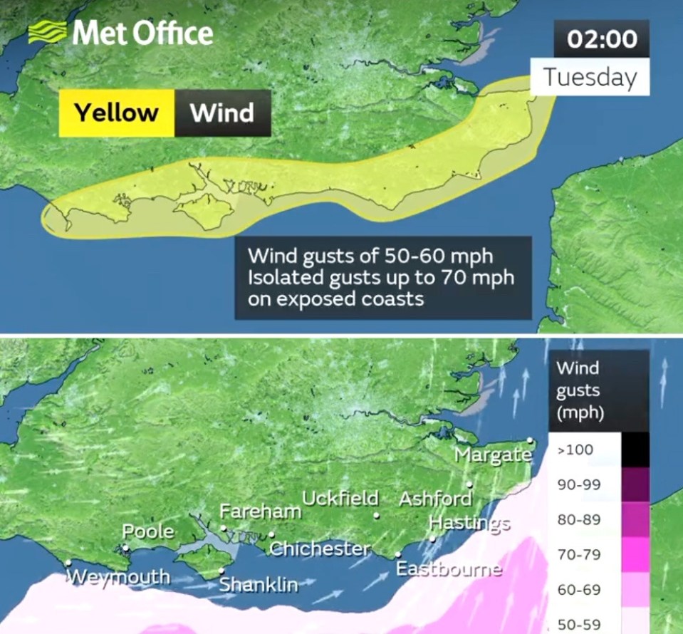 The Met Office has a yellow weather warning for strong winds in place along the southern coast of England