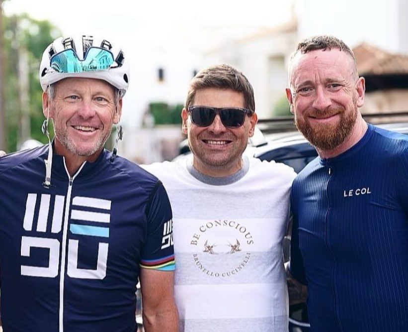 Lance Armstrong, 51, allegedly tried to chat up female guests at a wedding reception in Majorca - pictured with  Jan Ullrich and Sir Bradley Wiggins in Majorca