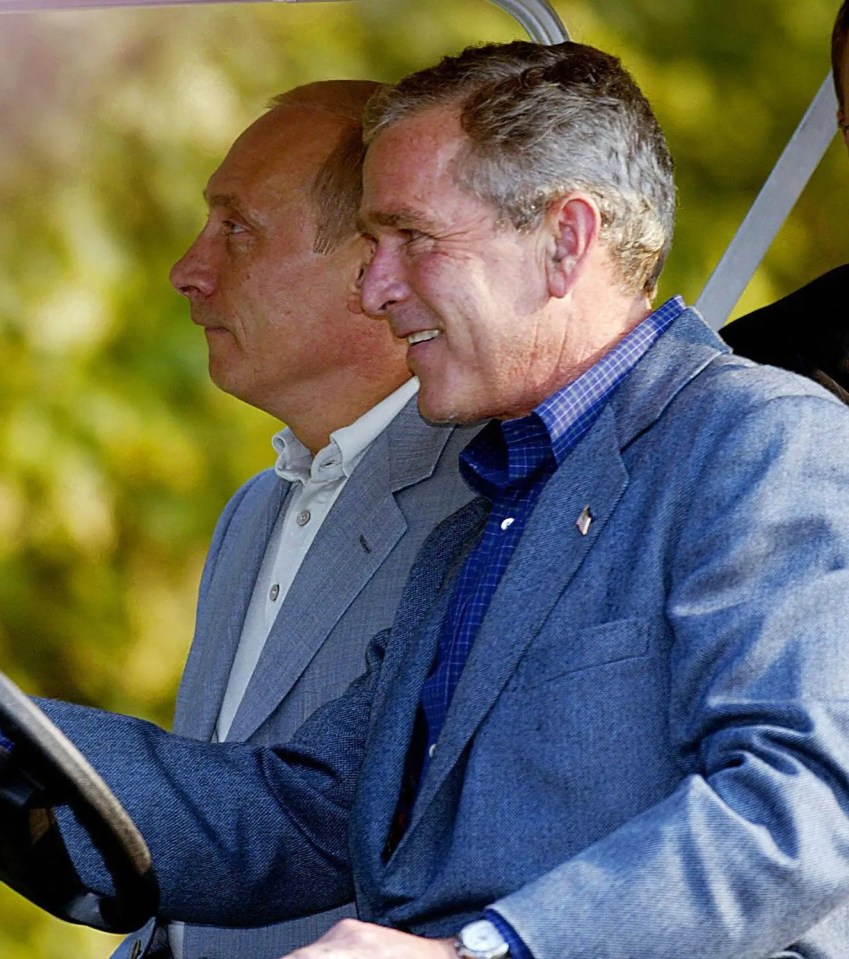 Putin rides shotgun with George W Bush as the pair enjoy a day out in a golf cart