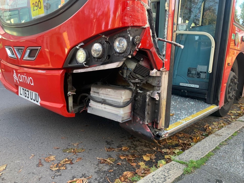 The 432 bus smashed into her Volvo SUV and pushed it three doors down the road