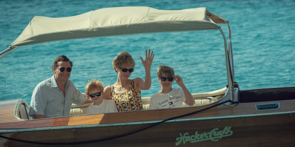 Another shot shows the actors playing Prince William and Prince Harry alongside Dominic West, who plays Prince Charles