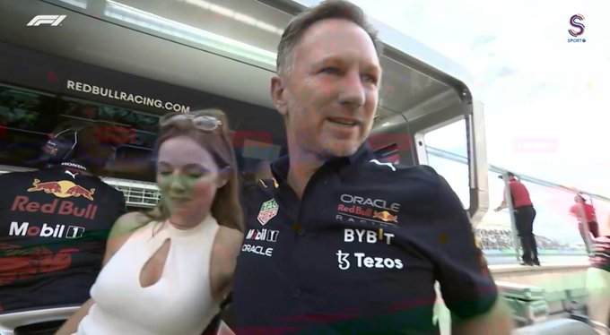 An emotional-looking Horner left the pitwall with wife Geri Halliwell