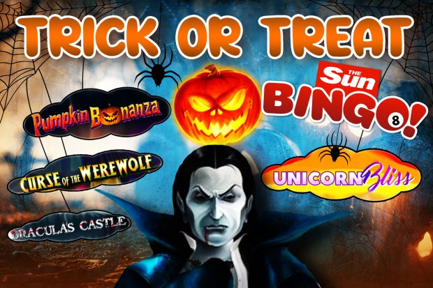 a poster for trick or treat bingo with a vampire