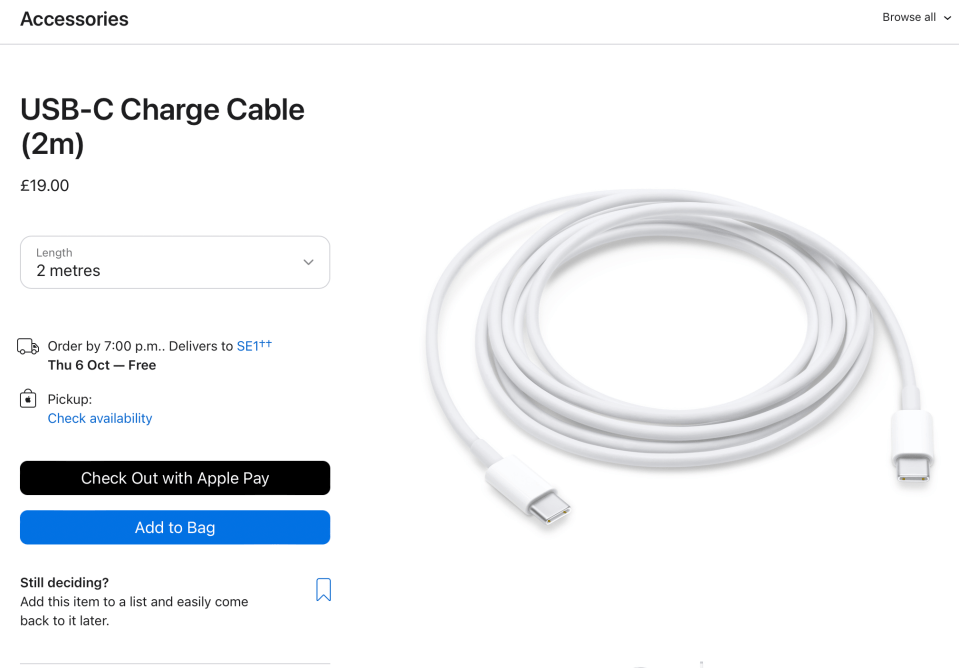 Apple currently charges £19/ for a USB-C to USB-C charging cable – which could be adopted as standard on the iPhone 15