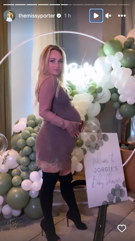 Jorgie looked incredible in a sheer dress and knee high boots as she showed off her baby bump at the party