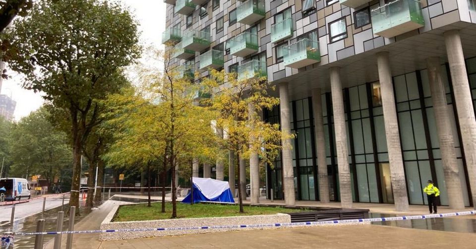 A forensic tent outside the tower