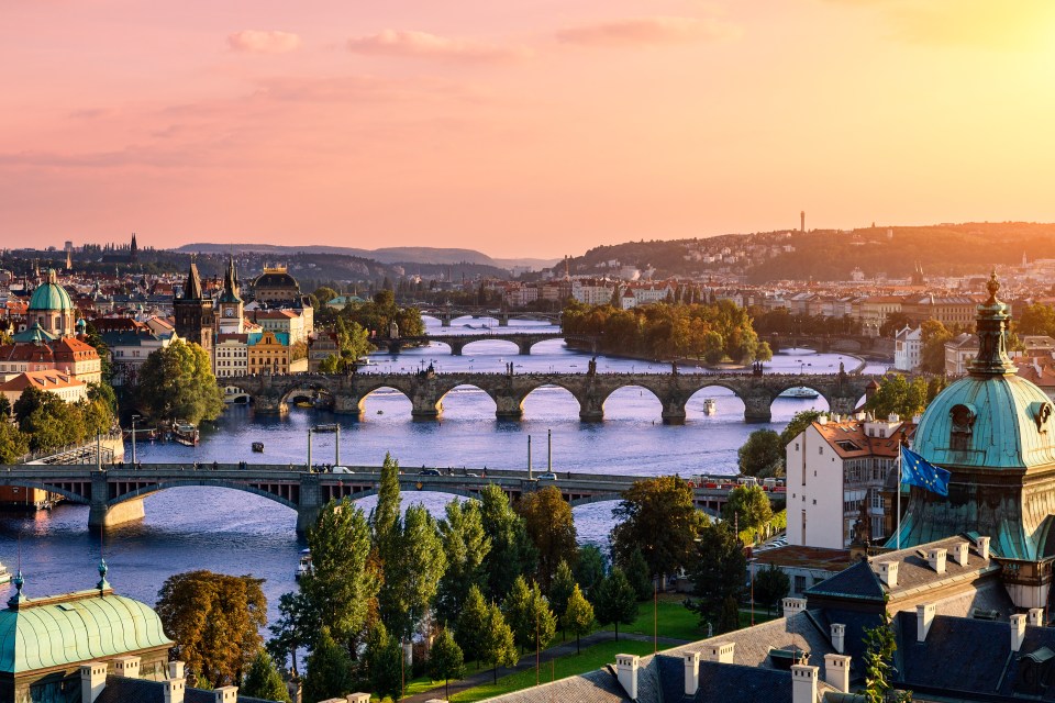 Prague's medieval skyline over the Vitava river and Charles Bridge