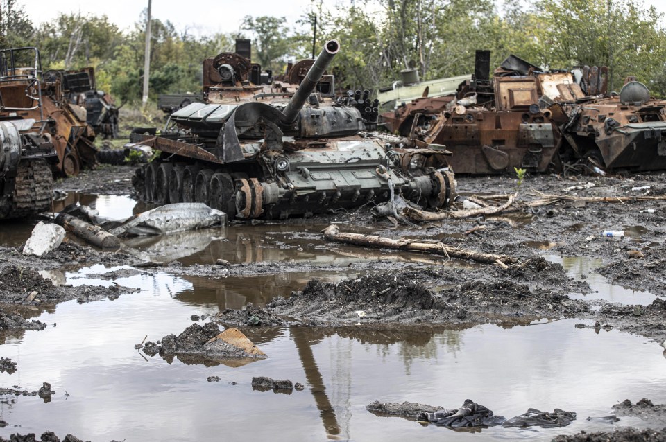 A destroyed tank in the in the eastern city of Izium showcases the damage inflicted on Russian vehicles