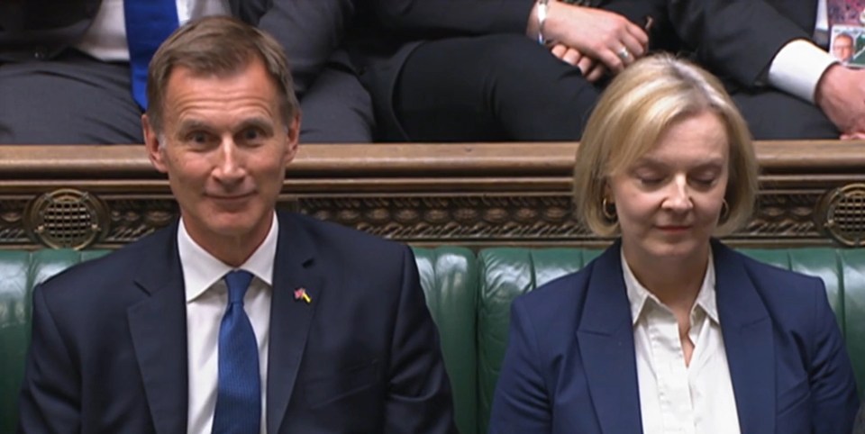 Jeremy Hunt and Liz Truss listen to Shadow Chancellor Rachel Reeves’ response to the Chancellor’s statement in the House of Commons