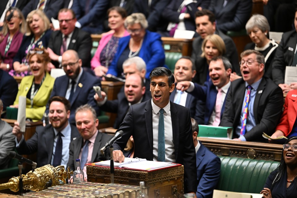 Rishi Sunak was roared on by Tory MPs ­as he hammered Sir Keir Starmer in their first PMQs bout