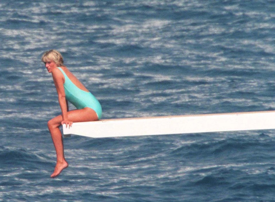 Diana in her iconic blue swimsuit on board Dodi Al Fayed's yacht