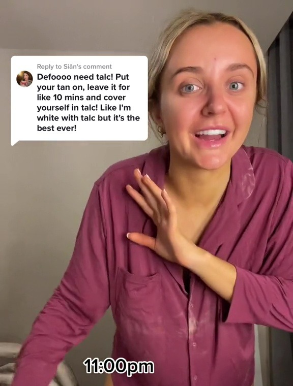 The content creator tests out one of her follower’s theories - that if you cover yourself in talcum powder after tanning, it stops it from transferring onto your sheets