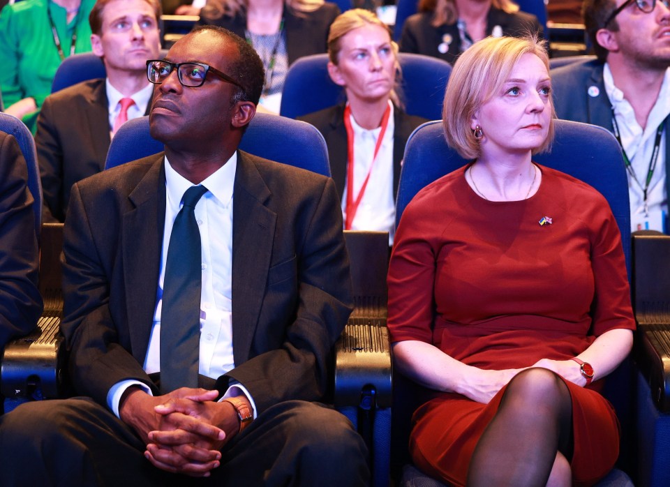 Kwasi Kwarteng and PM Liz Truss at Tory conference in Birmingham yesterday