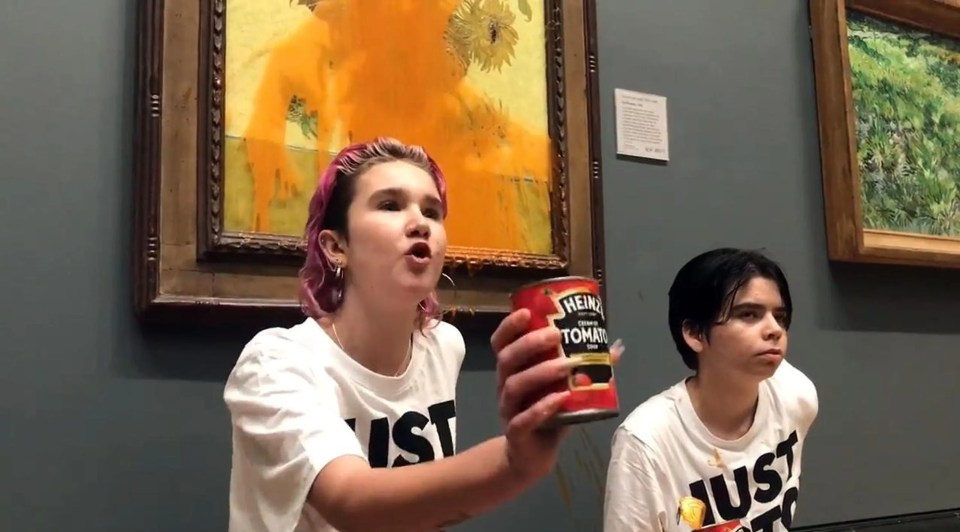 Two activists threw tomato soup at Vincent Van Gogh's Sunflowers at the National Gallery