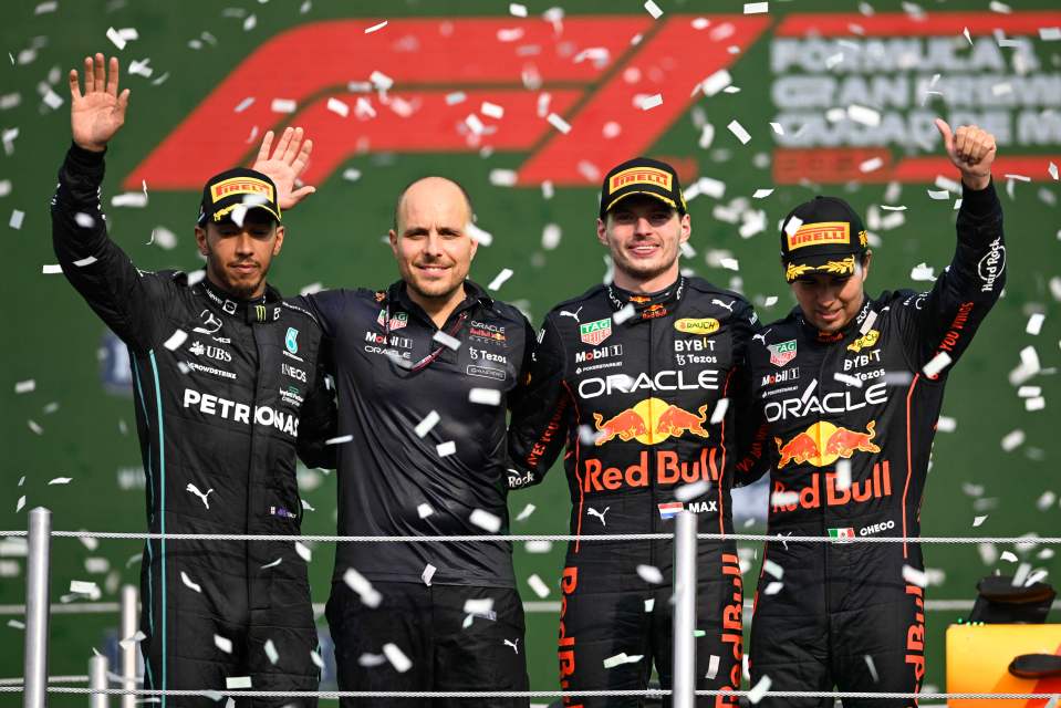 Winner Max Verstappen shares the podium with his Red Bull Racing’s race engineer Gianpiero Lambiase, plus Lewis Hamilton and Sergio Perez