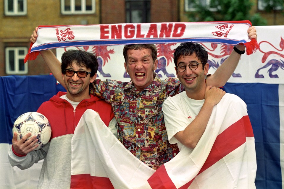 Frank Skinner (centre) and David Baddiel (right) released the original track with the Lightning Seeds