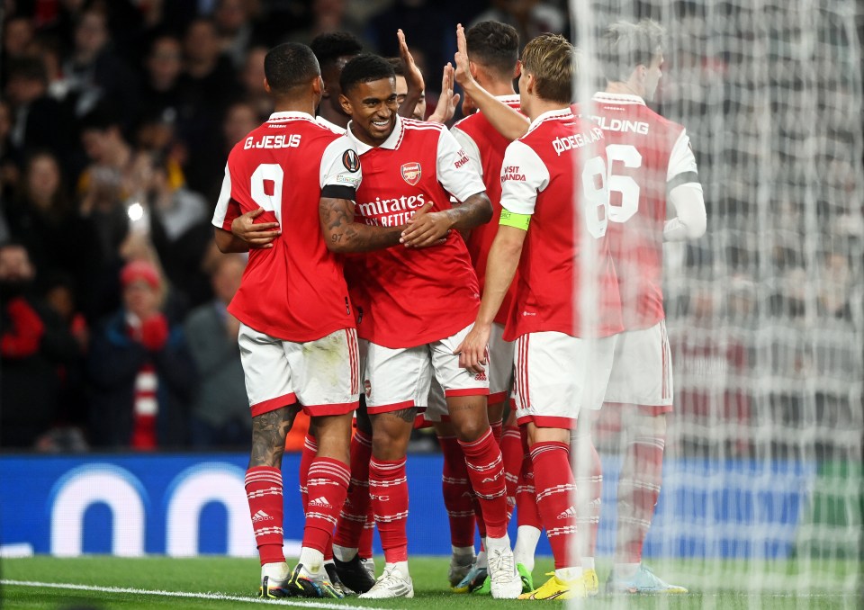 Arsenal celebrating after scoring against Bodo/Glimt in the Europa League