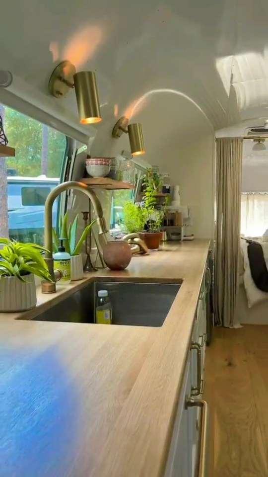 To make the van appear larger, Regan opted for a large rectangular shape countertop