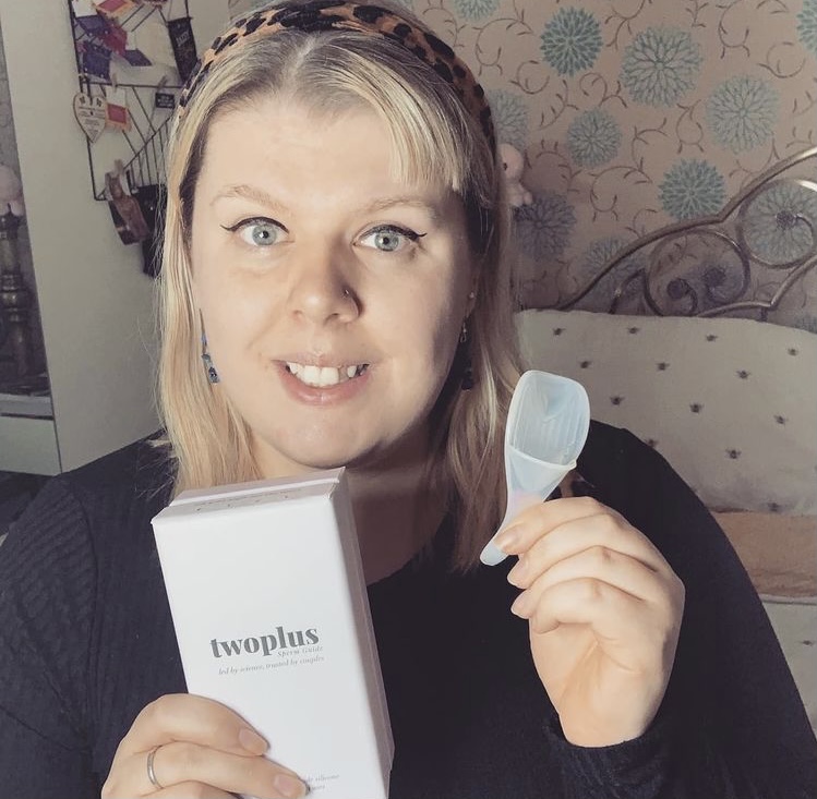 Jess with the £28 gadget which helped them get pregnant