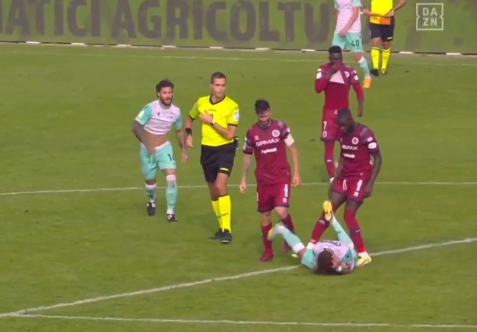 The Italian captain appears to push Salvatore to the ground before 'spiking' him with his boot