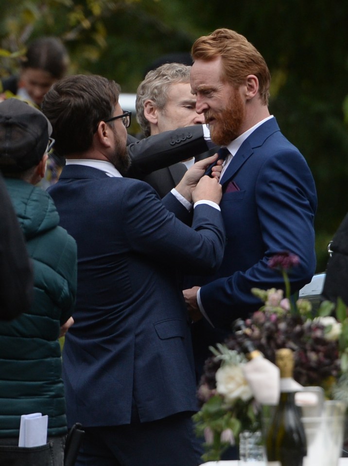 Line of Duty star Martin Compston snapped on the set of new drama Mayflies - pictured with Tony Curran