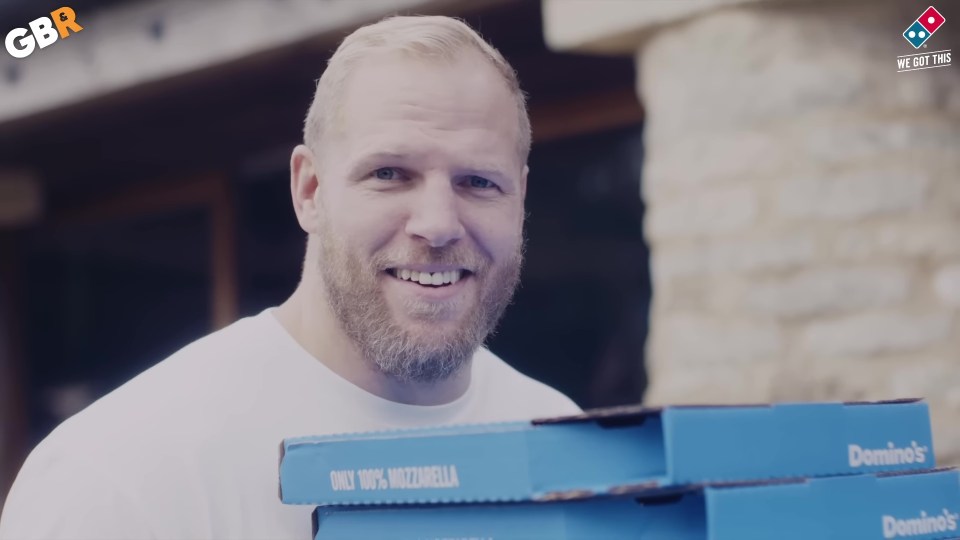 Mike appears with ex-teammate James Haskell in the skit, delivering him boxes of pizza