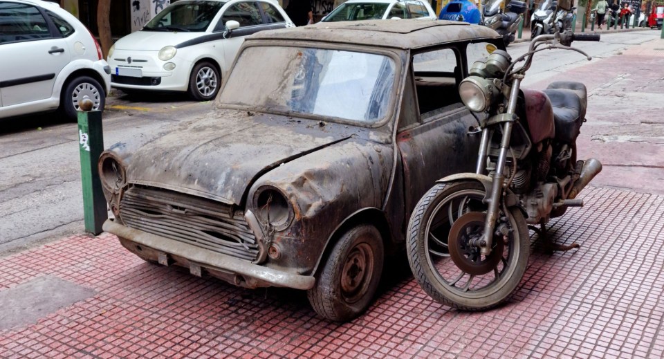 This Mini and motorcycle had been underground for around 30 years