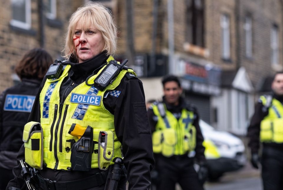 Sarah Lancashire is pictured with a bloodied nose on the set of Happy Valley