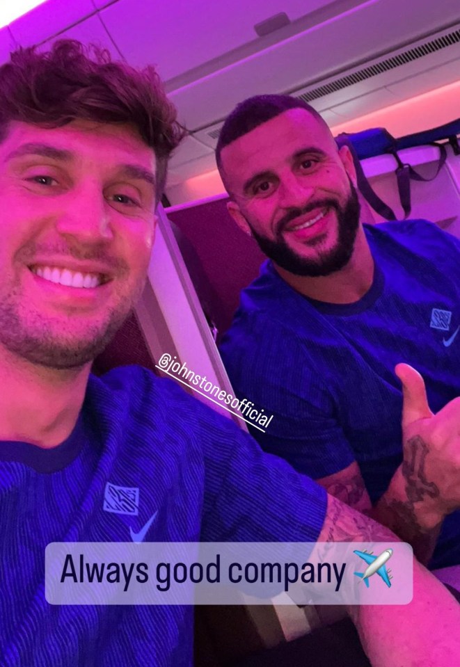 Manchester City stars John Stones and Kyle Walker posed for the camera on the plane