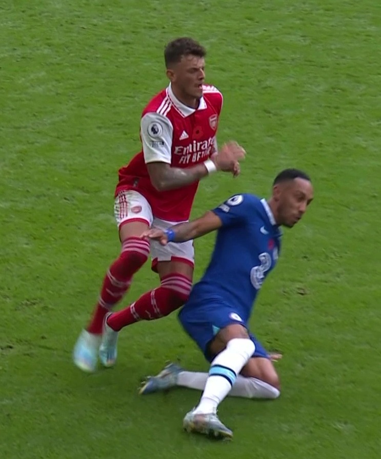 Aubameyang was booked for his late sliding tackle on Ben White