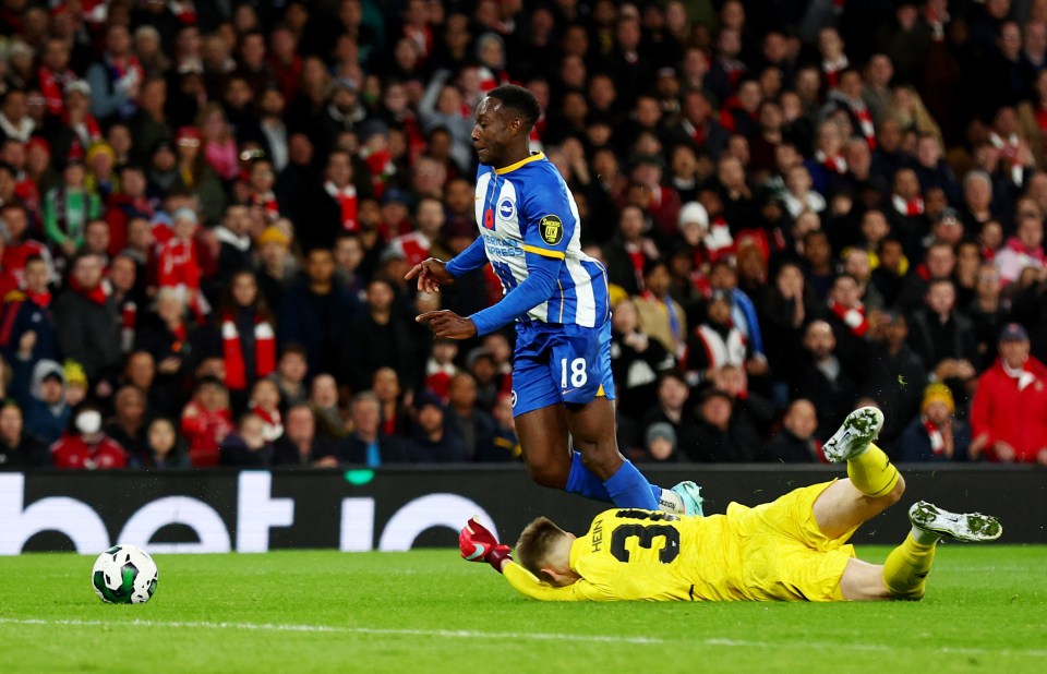 Karl Hein slipped on his Arsenal debut to give Brighton a penalty minutes after Eddie Nketiah's opener