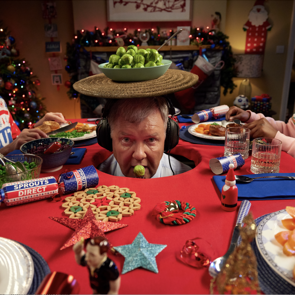 Commentator Clive Tyldesley also features in the campaign with a bowl of Brussels sprouts on his head