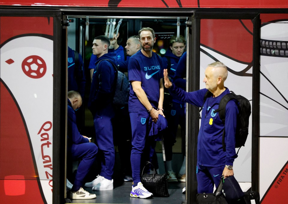 Gareth Southgate and Co board a shuttle bus at the airport