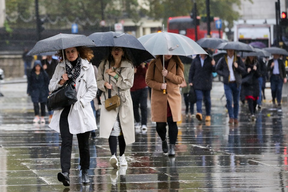 Commuters in London braving the wet and windy weather