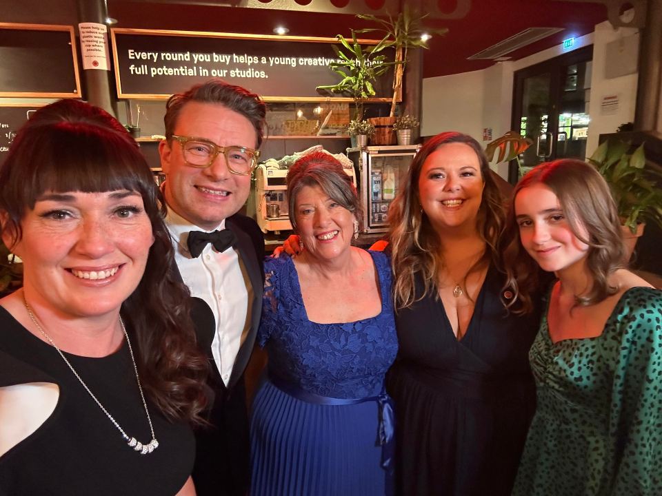 TV chef Jamie Oliver meets stalwarts of Jump Children’s Charity, l-r, Christie Bower, Christine Bentham, Harriet Pratt and Christie’s daughter, Darcy