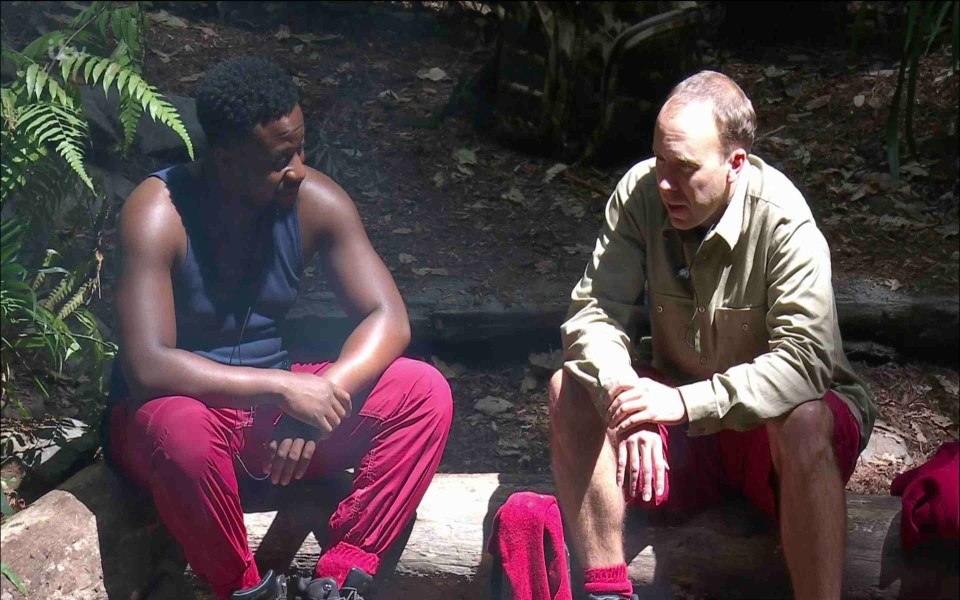 Matt Hancock admitted his guilt over his lockdown-busting affair to fellow I’m A Celeb contestant Babatunde – and adopted a ‘doghouse’ posture